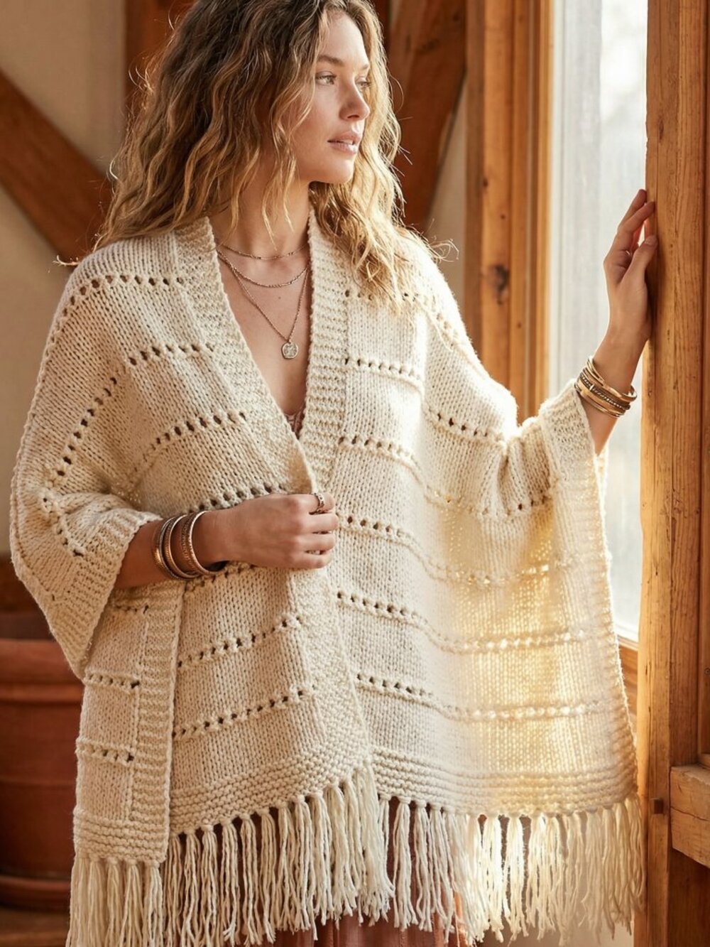 NEW Aran Cream Hand Knit Shawl Wrap Scarf Boho Hippie Cottage Art Indie Western